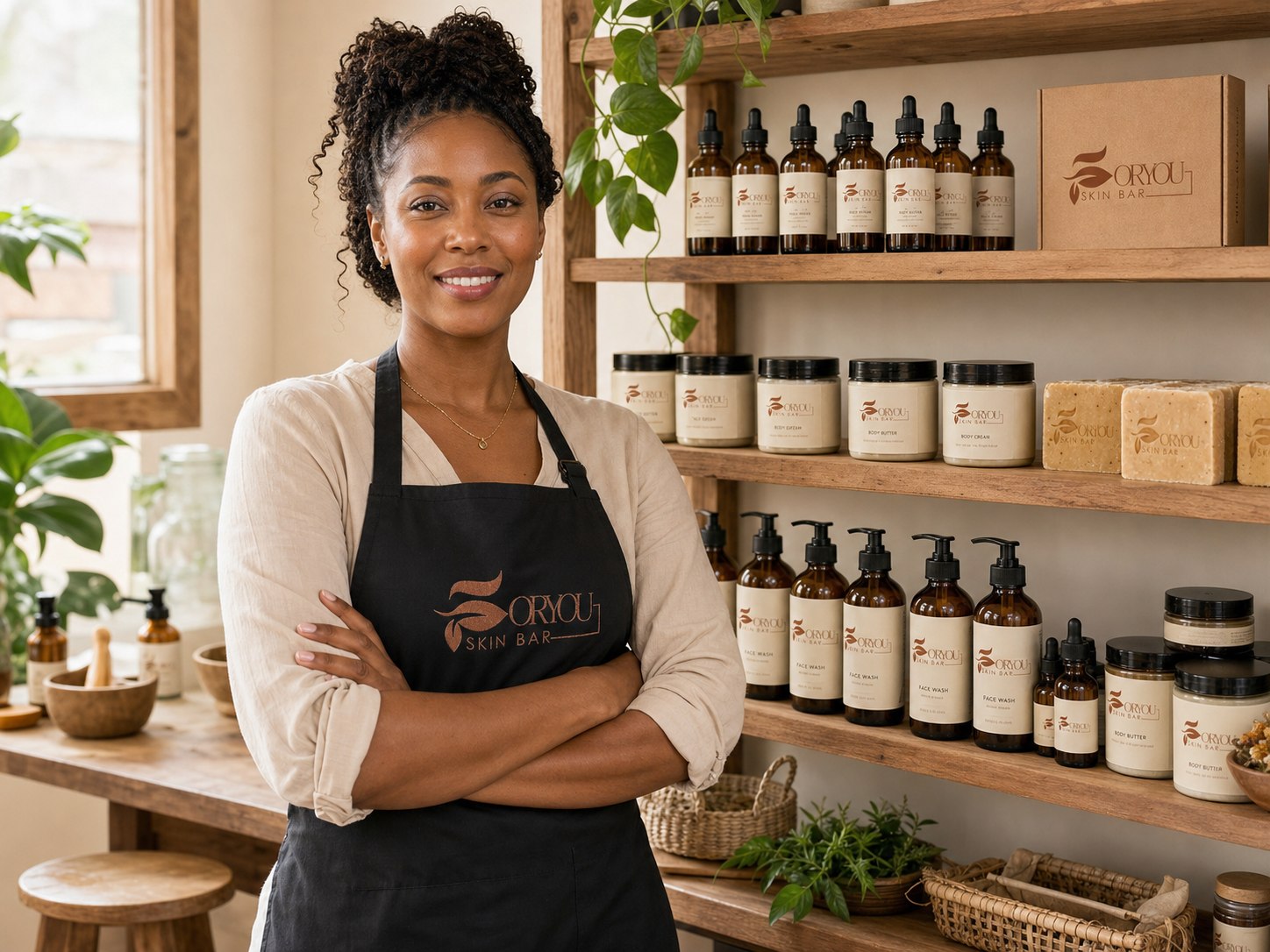 Black Jamaican skincare founder in her studio with shelves of Foryou Skin Bar products