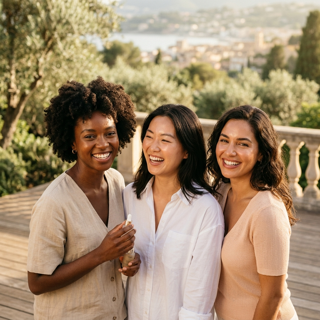 Women smiling together with their skincare products