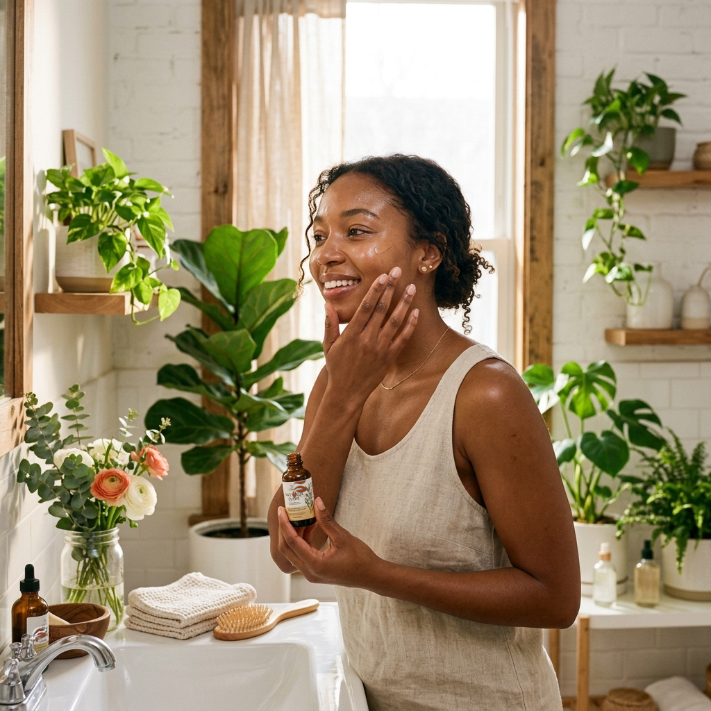 Dark-skinned customer applying face serum