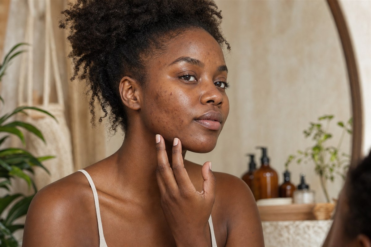 Dark-skinned Black woman checking acne and blemishes along her cheek
