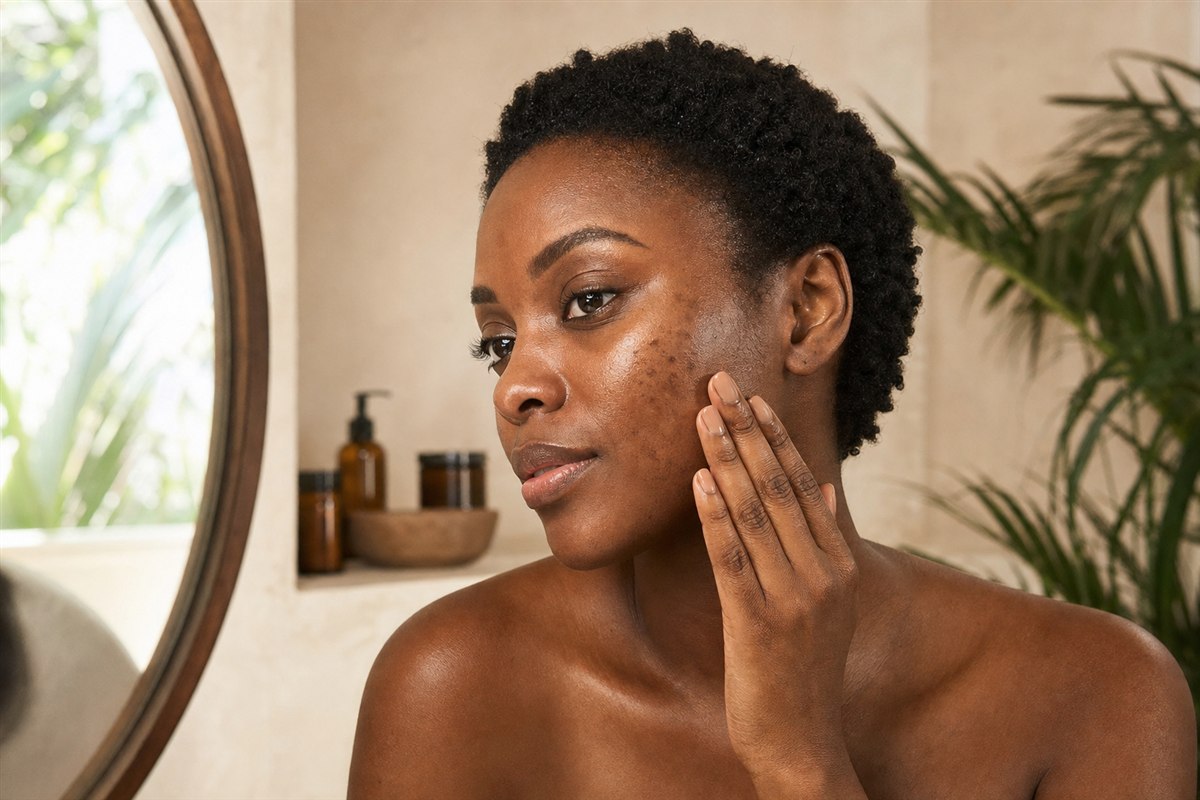 Dark-skinned Black woman checking dark spots and hyperpigmentation