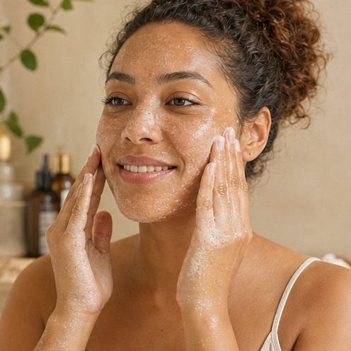 Woman using a gentle exfoliating scrub for skin texture