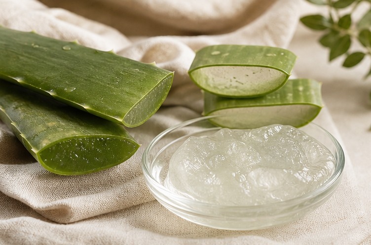 Fresh aloe vera leaves and clear aloe gel