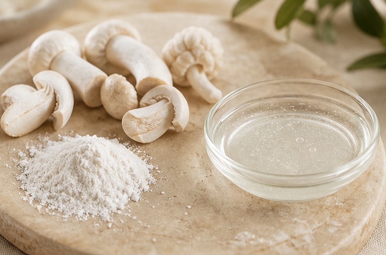 Mushrooms cosmetic powder and clear serum dish representing kojic acid