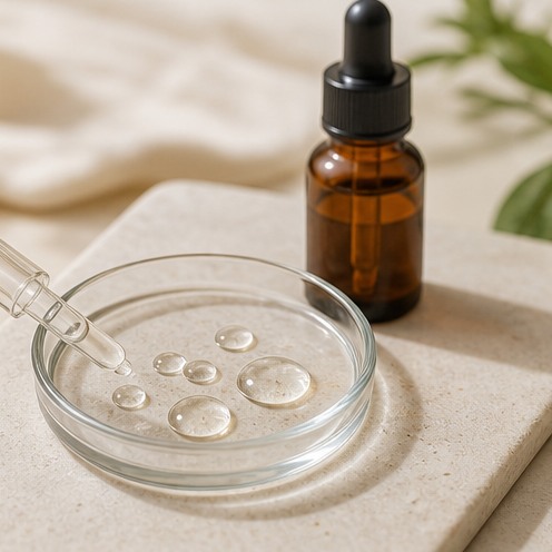 Clear serum drops in a glass dish