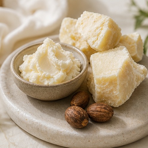 Raw shea butter and whipped shea in a ceramic bowl
