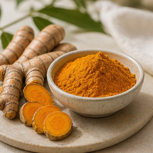 Turmeric roots and turmeric powder in a ceramic bowl