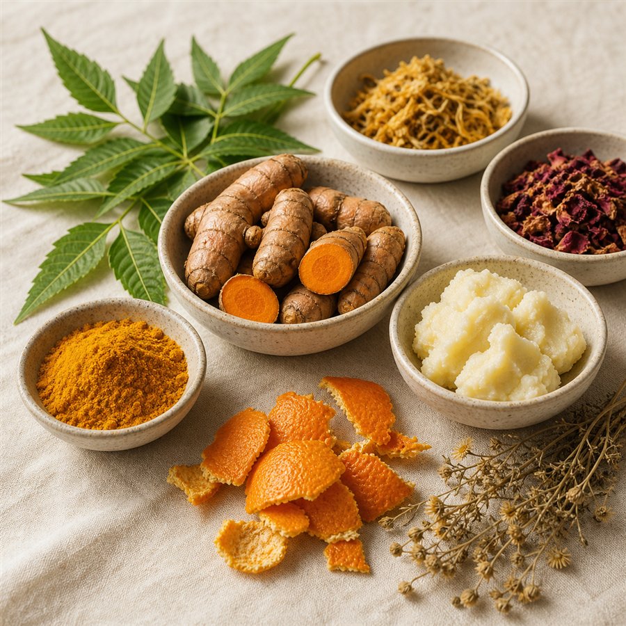 Raw turmeric, neem, shea butter, and botanicals selected for skincare