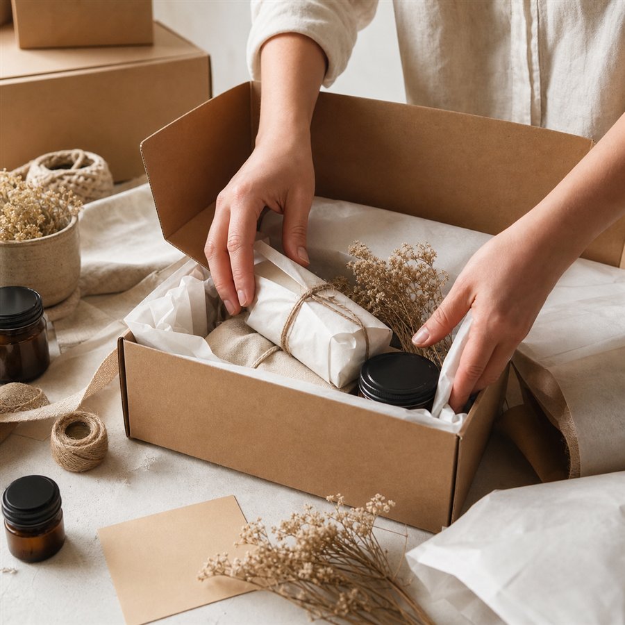Handmade skincare order packed in kraft delivery box