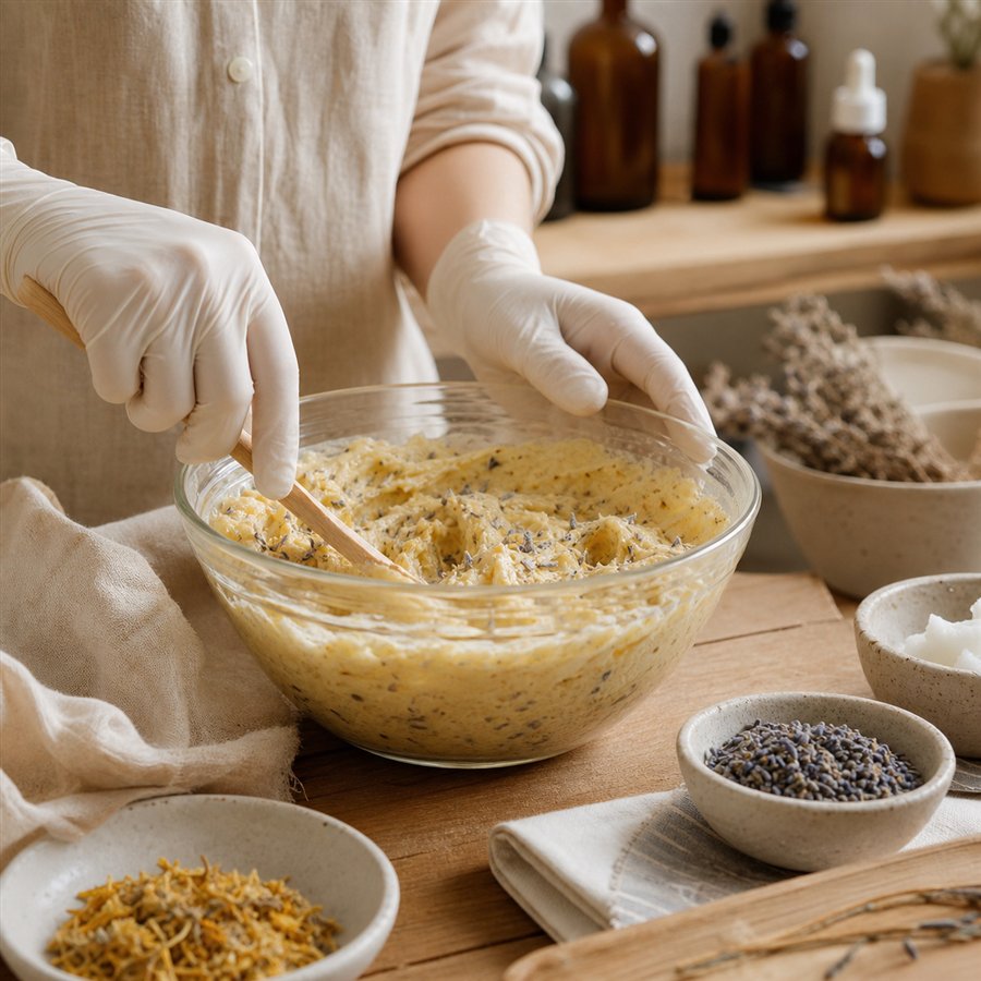 Small batch skincare mixture stirred by hand